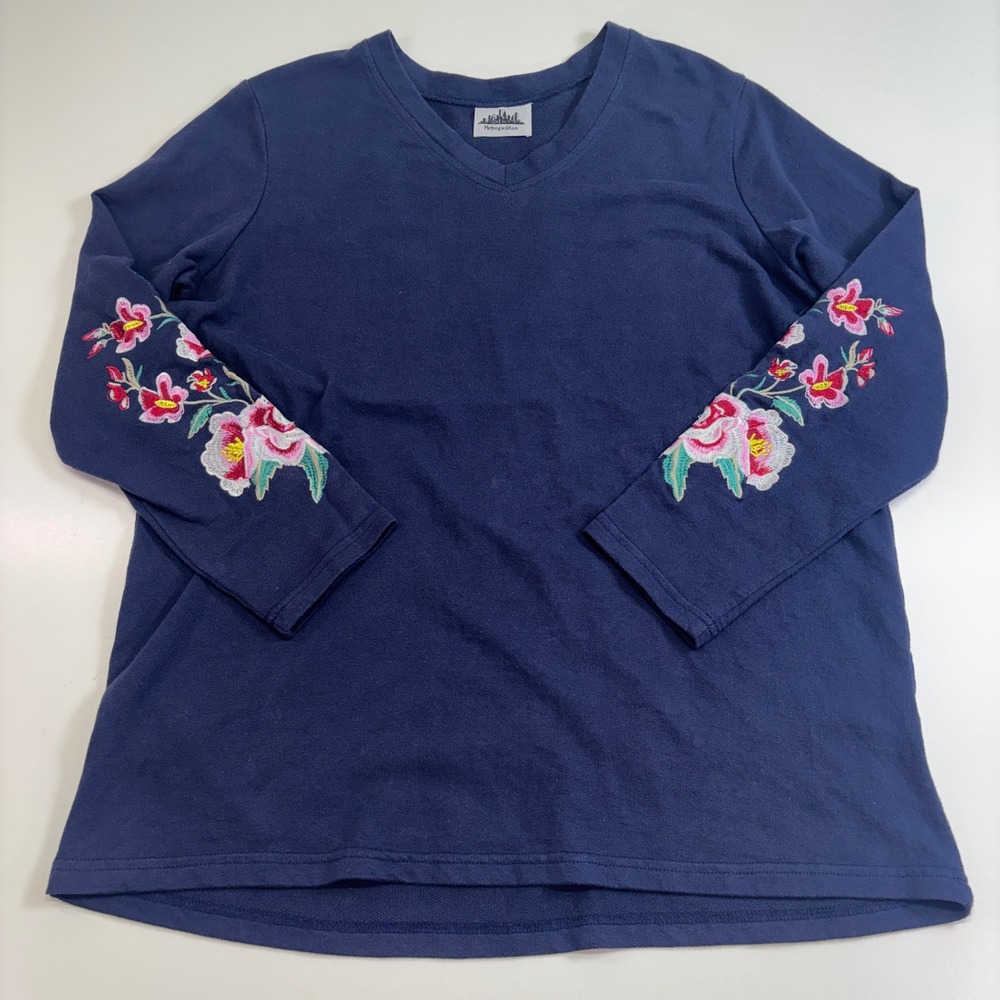 Metropolitan Blue Embroidered Floral Sleeve V Neck Sweatshirt Top Women's EUC